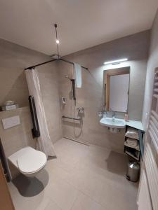 La salle de bains est pourvue de toilettes et d'un lavabo. dans l'établissement B&B La Ferme De Pouillerel, à La Chaux-de-Fonds