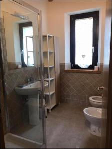 a bathroom with a sink and a toilet and a mirror at APPARTAMENTO RIO ACQUICCIOLA in Fiumalbo