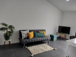 a living room with a gray couch with colorful pillows at São Miguel Apart. in Vila Franca do Campo
