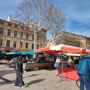 Un groupe de personnes se promenant autour d'un marché en plein air dans l'établissement Prêcheurs Studios, à Aix-en-Provence
