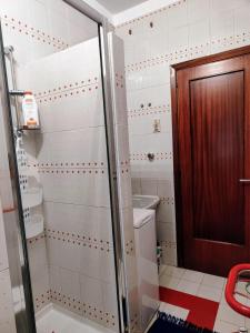 La petite salle de bains est pourvue d'une douche et de toilettes. dans l'établissement Camera zona TRIBUNALE COSENZA, à Cosenza