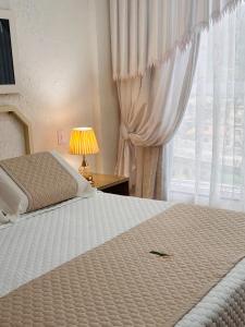 um quarto com uma cama com um candeeiro e uma janela em Hotel Netto em Cachoeiras de Macacu