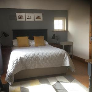een slaapkamer met een groot bed met gele kussens bij Dromelihy House Stud in Doonbeg