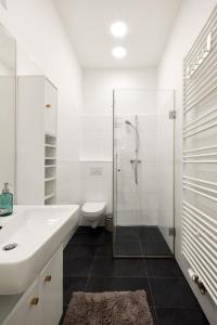 La salle de bains blanche est pourvue d'une douche et de toilettes. dans l'établissement Perfecto Apartments with Designers Touch 24H Check-in, à Vienne