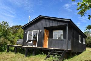 a black tiny house on a platform in a field at Beautiful Don Pedro Cabin, Chilean Patagonia. in Chaitén