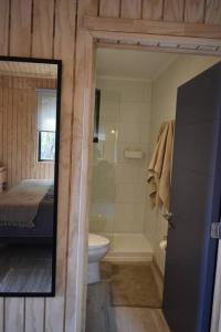 a bathroom with a bed and a shower and a toilet at Impressive Don Santiago Cabin, Chilean Patagonia. in Chaitén