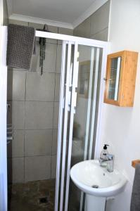 ein Badezimmer mit Waschbecken und Dusche in der Unterkunft The Beach Cottage Betty's Bay in Bettyʼs Bay