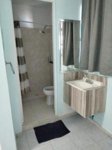 a bathroom with a sink and a shower and a toilet at Hotel Awazul Bacalar in Bacalar