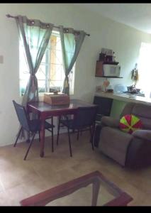 金斯敦的住宿－Mountain View，客厅配有桌子和沙发