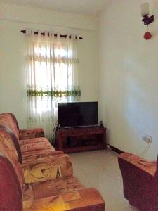 a living room with a couch and a flat screen tv at Mango Monkey Retreat in Galewela