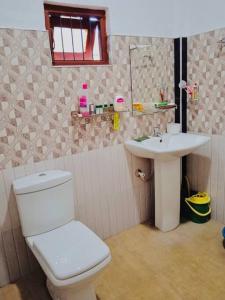 a bathroom with a white toilet and a sink at Mango Monkey Retreat in Galewela