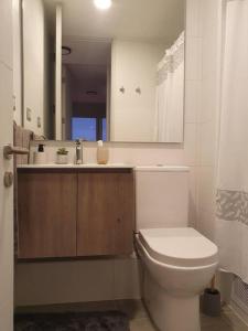 a bathroom with a toilet and a sink and a mirror at Departamento céntrico nuevo in Valdivia