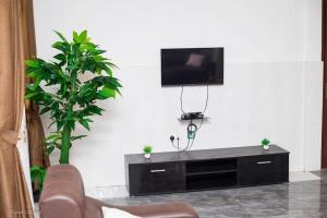 sala de estar con TV en una pared blanca en Luxury Apartments, en Kumasi