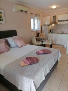 een slaapkamer met 2 bedden met roze kussens erop bij Apartmani Marijana in Lozovac