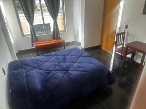 Schlafzimmer mit einem blauen Bett, einem Schreibtisch und einem Fenster in der Unterkunft Virginia hotel in La Quiaca