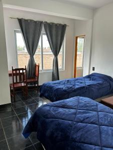 1 Schlafzimmer mit 3 Betten, einem Stuhl und Fenstern in der Unterkunft Virginia hotel in La Quiaca