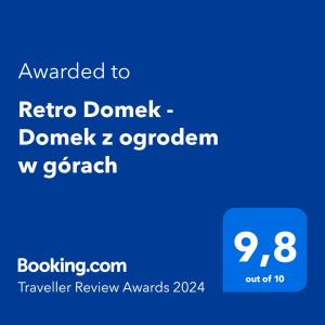 Certifikát, ocenenie alebo iný dokument vystavený v ubytovaní Retro Domek - Domek z ogrodem w górach