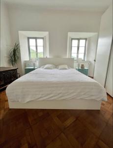 a large white bed in a room with two windows at Medieval Castle in Kamnik City Center - Trutzturn in Kamnik