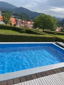 a blue swimming pool with a view of mountains at Medieval Castle in Kamnik City Center - Trutzturn in Kamnik