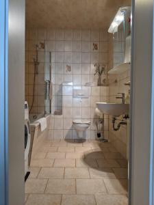 La salle de bains est pourvue de toilettes et d'un lavabo. dans l'établissement Ferienwohnung Am Ueckerpark, à Ueckermünde