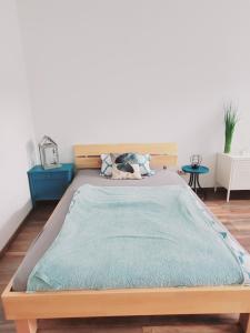 a bedroom with a bed with a blue blanket at Terrassenwohnung Nordlicht in Grimma