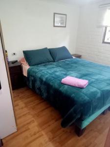Un dormitorio con una cama azul con una toalla rosa. en Habitaciones Pabla, en Santiago