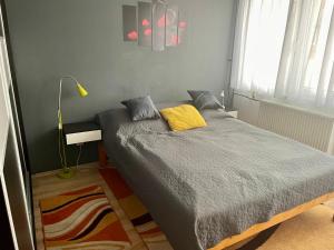 ein Schlafzimmer mit einem Bett mit zwei Kissen und einer Lampe in der Unterkunft City center Zalaegerszeg in Zalaegerszeg