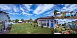 a group of three pictures of a yard with a house at Vila La Panda in Costinesti