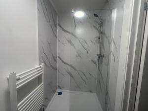 a white bathroom with a shower and a toilet at Immaculate Studio in Bristol in Bristol