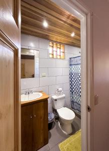 uma casa de banho com um WC, um lavatório e um espelho. em El Clan Hostel em Puerto Viejo