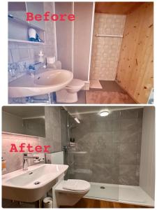 - deux photos d'une salle de bains avec lavabo et toilettes dans l'établissement One Bedroom with mountain and garden view ground floor of Chalet Solaria, à Zweisimmen