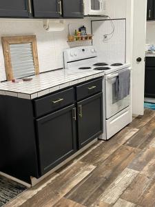 a kitchen with black cabinets and white appliances at 1892 historical apartments in Mountain Iron