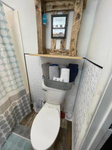 a bathroom with a toilet in a small room at 1892 historical apartments in Mountain Iron