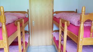 two bunk beds in a small room with pink and purple sheets at Chalet Sonnenblick in Fiesch