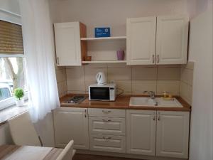 a small kitchen with a sink and a microwave at Apartman Vanja in Rijeka +9 photos