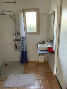 a bathroom with a sink and a shower at Chez Francis & Valérie in Villegailhenc