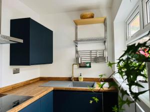 a kitchen with blue cabinets and a sink at Cityscape-Cosy House By Anfield in Liverpool