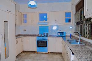 uma cozinha com um fogão azul e um lavatório em Venus VIP VILLA SUITES em Kigali