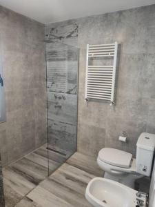 a bathroom with a shower and a toilet and a sink at Duplex Victoria in Luján