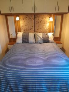 1 dormitorio con 1 cama azul y blanca y 2 almohadas en Sunnymeade Holiday Park i3 St David, en Ingoldmells