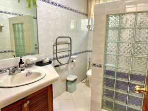 a bathroom with a sink and a shower and a toilet at Door 111B Country Home at Wagner in Baguio