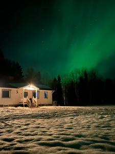ein Zelt auf einem Feld unter einem grünen Himmel in der Unterkunft Sixty Six Degrees North - Lapland Home & Forest in Överkalix