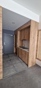 an empty kitchen with a sink and a counter at Apartament Czarna Góra MOON in Sienna +3 photos