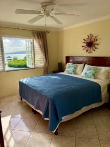 a bedroom with a bed with a blue comforter and a window at Luxury Apartments and Rooms,The Lagoons in Montego Bay
