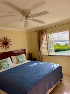 1 dormitorio con 1 cama, ventilador de techo y ventana en Luxury Apartments and Rooms,The Lagoons en Montego Bay