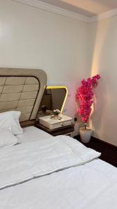 Tempat tidur dalam kamar di شقة المنافع الذهبية 119
