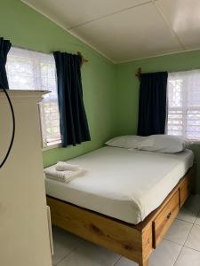 a bedroom with a large bed with blue curtains at Andre's Guest House in Negril