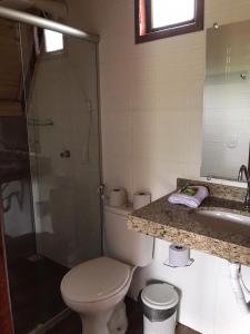 W łazience znajduje się toaleta, umywalka i prysznic. w obiekcie Chalés Flor do Caparaó em Patrimonio da Penha w mieście PatrimÃ´nio da Penha