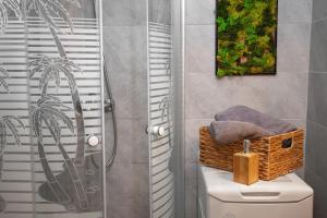 a bathroom with a shower and a toilet at Sfanta Agnes self check in in Popeşti-Leordeni