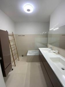 ペサックにあるLes domaniales du Pape - Maison 92m2のバスルーム(洗面台2台、鏡付)